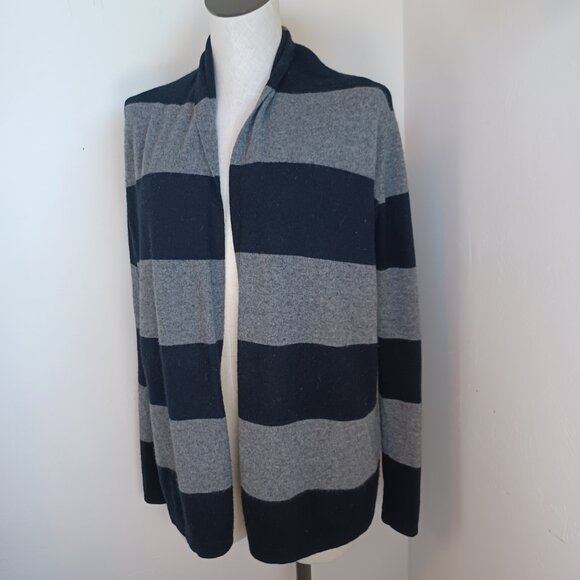 Theory Cashmere Cardigan Ashtry R Royal Black Gray Stripes Open Front Size Small - Picture 10 of 10